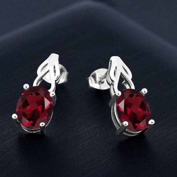 925 Sterling Silver with 4.00 Cttw Rhodolite Garnet Oval Post Back Drop Earrings - Picture 2 of 4